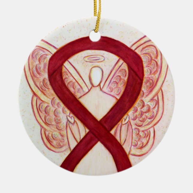 Burgundy Awareness Ribbon Angel Art Ornaments Julgransprydnad Keramik (Framsidan)