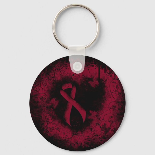 Burgundy Awareness Ribbon Grunge Heart Nyckelring (Framsida)