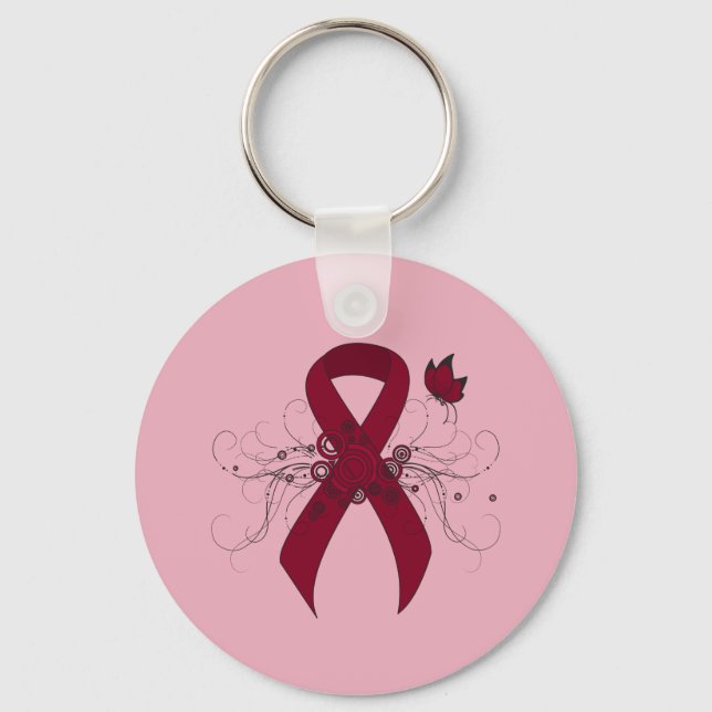 Burgundy Awareness Ribbon with Butterfly Nyckelring (Framsida)
