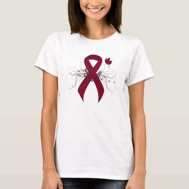 Burgundy Awareness Ribbon with Butterfly T Shirt (Framsida)