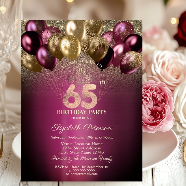 Burgundy Balloons Glitter 65e Birthday Inbjudningar (Skapare uppladdad)