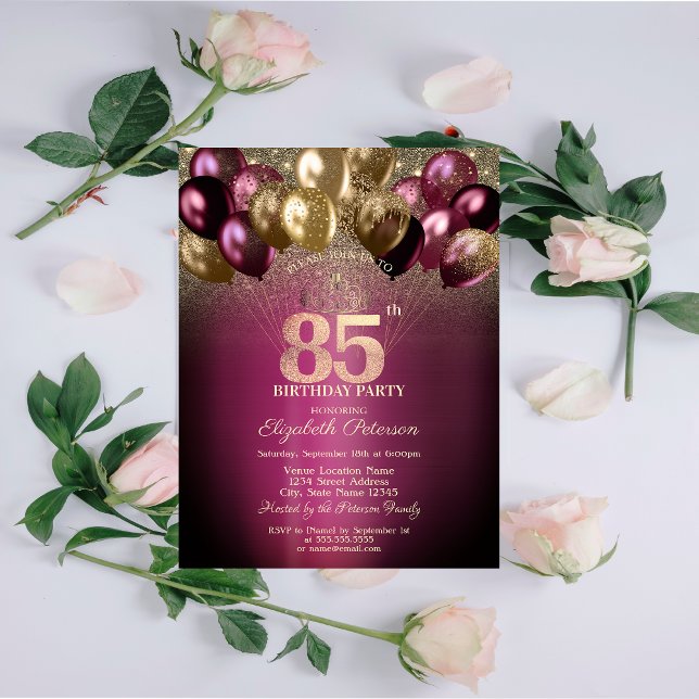 Burgundy Balloons Glitter 85:e födelsedagen Inbjudningar (Skapare uppladdad)