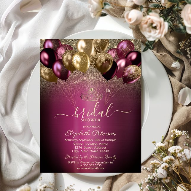 Burgundy Balloons Glitter Möhippa Inbjudningar (Skapare uppladdad)