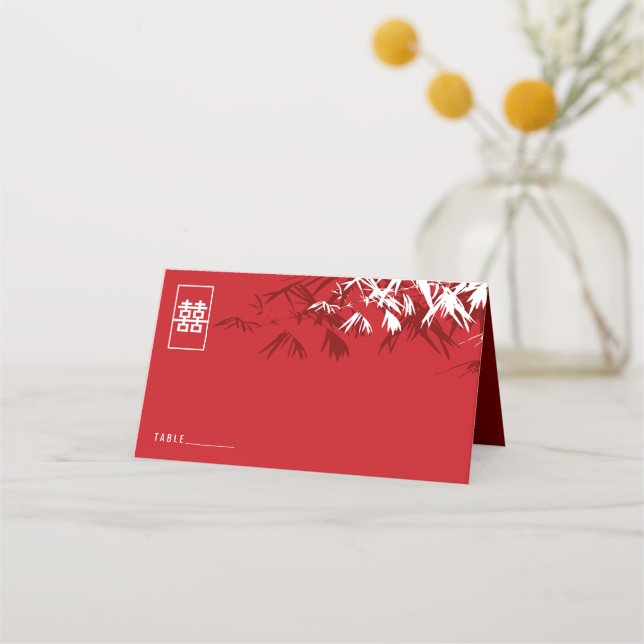 Burgundy Bambu Blad Dubbel Xi Kinesiskt Bröllop Placeringskort (Framsida)