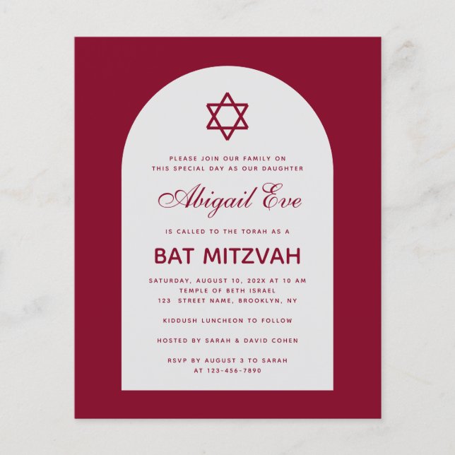 Burgundy Bar Mitzvah-båge Budget Röd Inbjudan (Framsida)