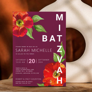 Burgundy Bat mitzvah Blommigt Vattenfärg Modern me Inbjudningar