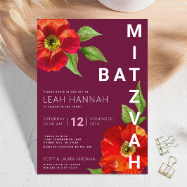 Burgundy Bat mitzvah Blommigt - vattenfärgsmodern Inbjudningar
