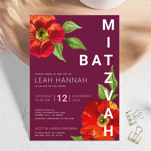 Burgundy Bat mitzvah Blommigt - vattenfärgsmodern Inbjudningar (Skapare uppladdad)