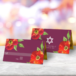 Burgundy Bat mitzvah, fetstilt Blommigt, vattenfär Placeringskort