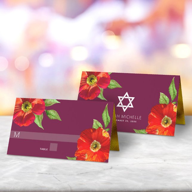 Burgundy Bat mitzvah, fetstilt Blommigt, vattenfär Placeringskort (Skapare uppladdad)