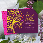 Burgundy Bat mitzvah Guld Rosa Foil Livets träd Spara Datumet<br><div class="desc">Se till att alla dina vänner och släktingar kan fira din dotters milstolpe Bat mitzvah! Skicka ut den här fantastiska, grafiska faux-guld-folie träd med glatt rosa, orange och röd stjärna av David och punkt "löv" på en rik lila-burgundisk bakgrund, personligen "Spara datum"-meddelandekort. En liten, mörk röd stjärna av David mönster...</div>