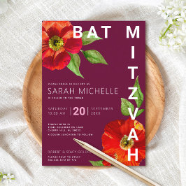 Burgundy Bat mitzvah Modern Blommigt vattenfärg Inbjudningar