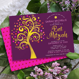Burgundy Bat mitzvah Modern Gold Foil Livets träd Inbjudningar