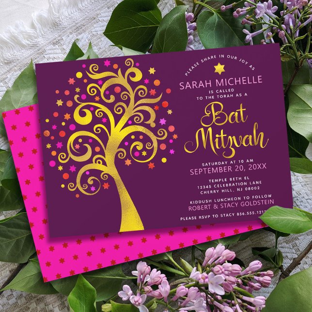 Burgundy Bat mitzvah Modern Gold Foil Livets träd Inbjudningar (Skapare uppladdad)