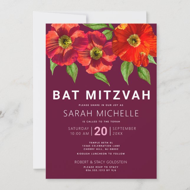 Burgundy Bat mitzvah Modern Watercolor Blommigt Inbjudningar (Framsida)