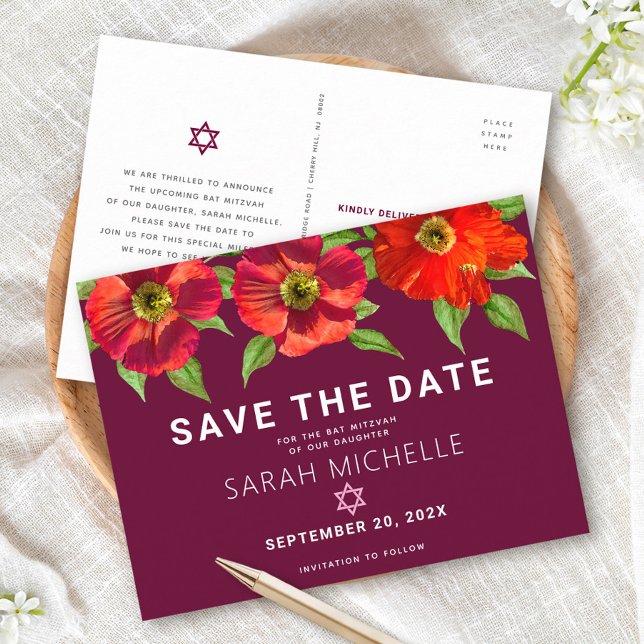 Burgundy Bat mitzvah Spara Datum Blommigt Vattenfä Inbjudan Vykort (Skapare uppladdad)