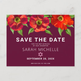 Burgundy Bat mitzvah Spara Datum Blommigt Vattenfä Inbjudan Vykort