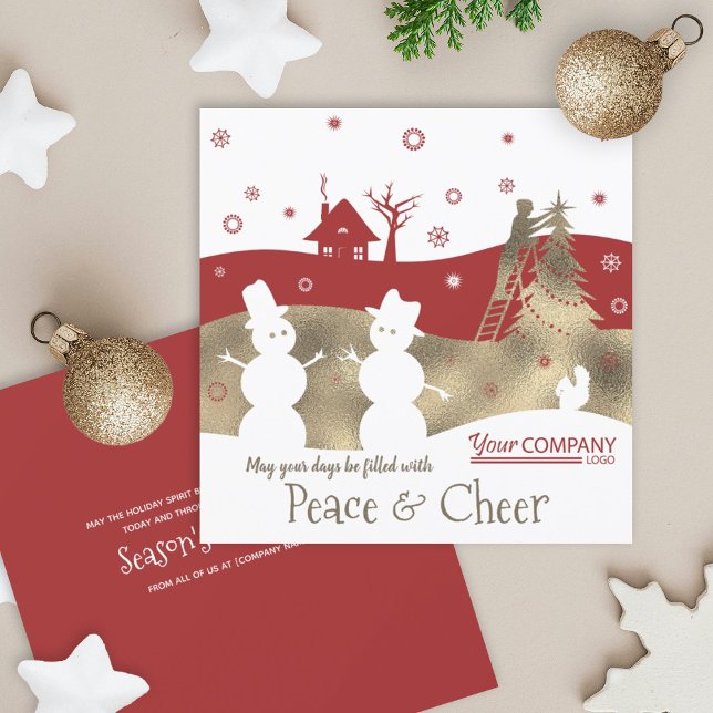 Burgundy & Beige Business Company Helgdag Card Inbjudningar (burgundy red maroon company business holiday christmas xmas greeting card gold beige rustic snowmen)