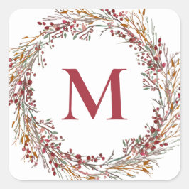 Burgundy Berries Monogram Helgdag för utandning Fyrkantigt Klistermärke