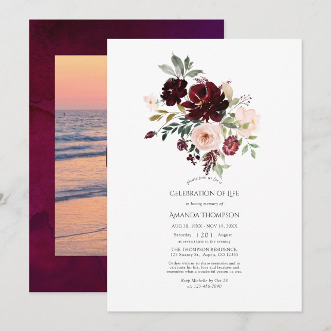 Burgundy Berry & Blush Blommig Livets Firande Inbjudningar (Fram/baksida)