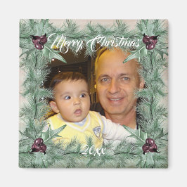 Burgundy Berry Holly Pine Christmas Photo Magnet