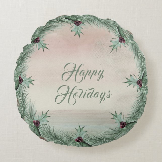 Burgundy Berry Holly Pine Christmas Round Pillow Rund Kudde (Framsidan)