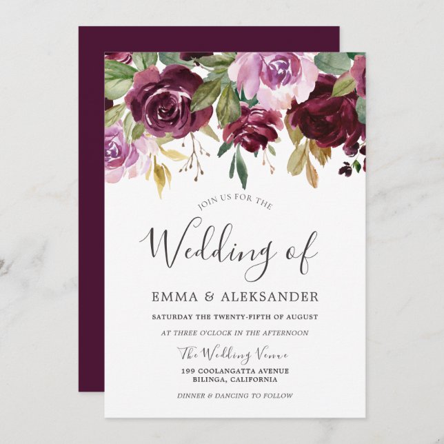 Burgundy Berry & Lilac Blommigt Fall Wedding Inbjudningar (Fram/baksida)
