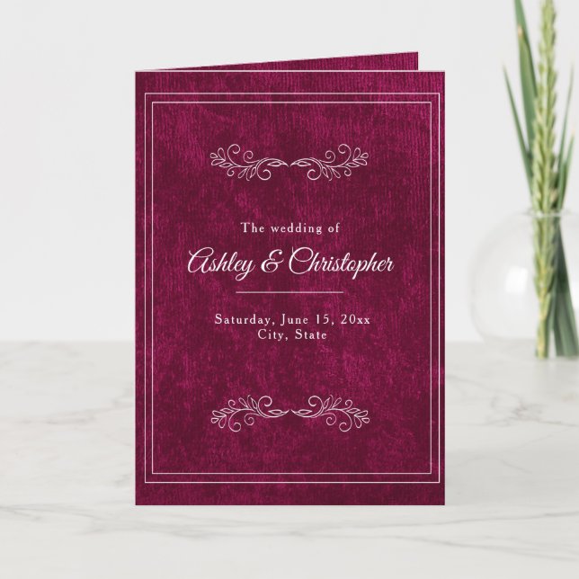 Burgundy Berry Velvet White Folded Wedding Program (Framsida)