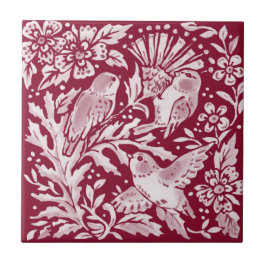 Burgundy Birds Thistle Blommigt Woodland Kakelplatta