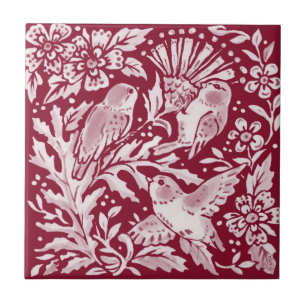Burgundy Birds Thistle Blommigt Woodland Kakelplatta