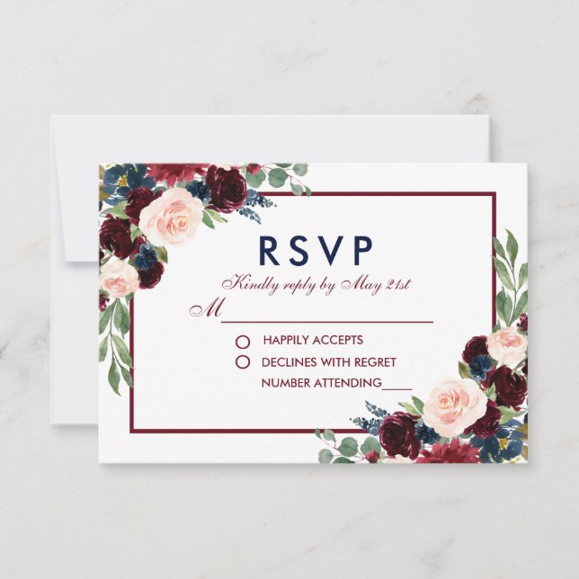 Burgundy Blå Akvarell Blommig Bröllop RSVP OSA Kort (Framsida)