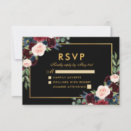 Burgundy Blå Blommig Bröllop RSVP Svart Guld OSA Kort