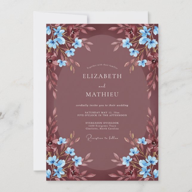 Burgundy Blå Blomster Romantisk Bröllop Inbjudningar (Framsida)