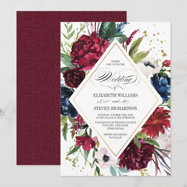 Burgundy | Blå |Marsala Blommigt Watercolor Bröllo Inbjudningar (Fram/baksida)