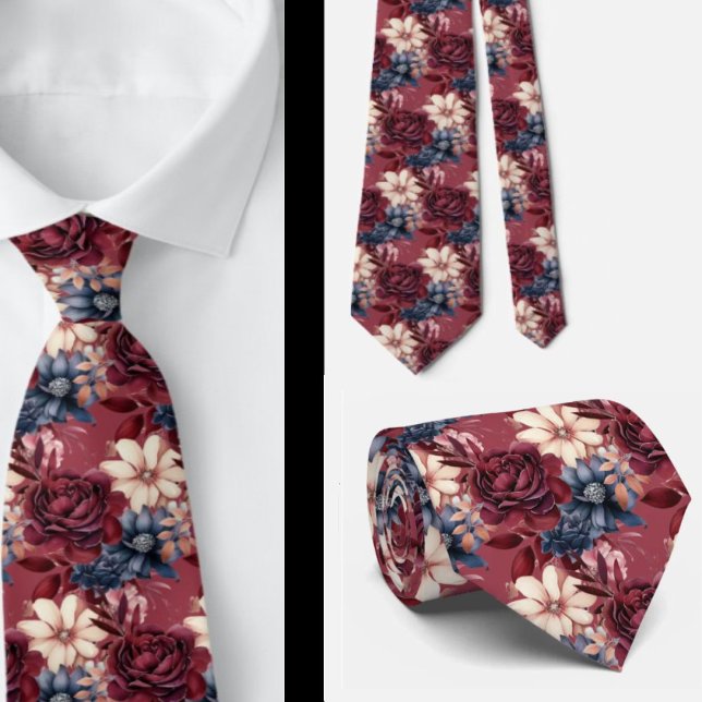 Burgundy Blå Periwinkle Rosa Blommig Slips (Skapare uppladdad)