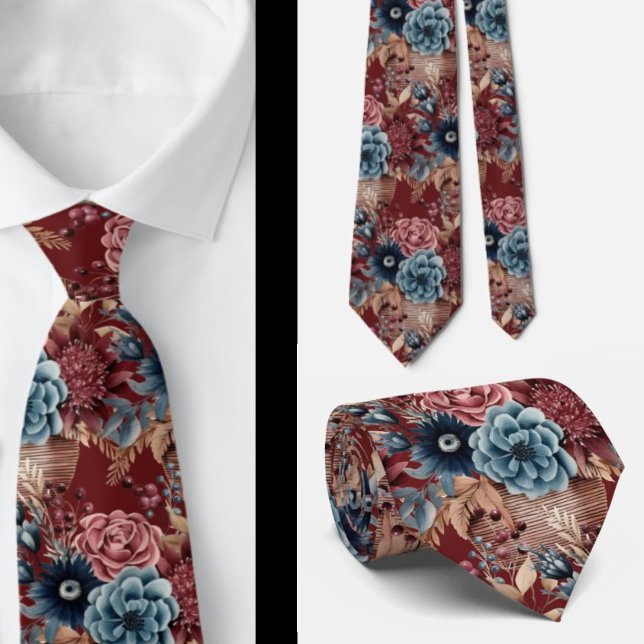Burgundy Blå Periwinkle Rosa Blommig Slips (Skapare uppladdad)