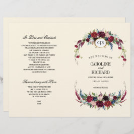 Burgundy | Blå | Red Blommigt Creme Bröllopsprogra