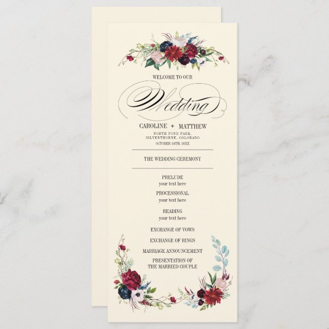 Burgundy | Blå | Red Blommigt Creme Bröllopsprogra Inbjudningar (Fram/baksida)