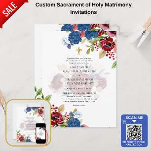 Burgundy Blåa blommor katolsk NuptialMass Bröllop Inbjudningar