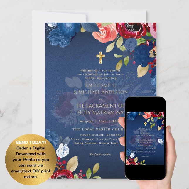Burgundy Blåa blommor katolsk NuptialMass Bröllop Inbjudningar (Skapare uppladdad)