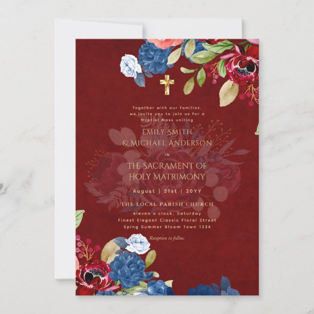 Burgundy Blåa blommor katolsk NuptialMass Bröllop Inbjudningar (Framsida)
