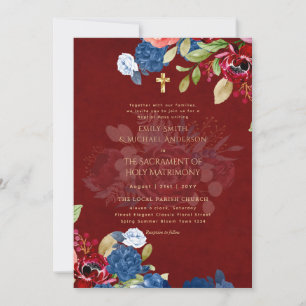 Burgundy Blåa blommor katolsk NuptialMass Bröllop Inbjudningar