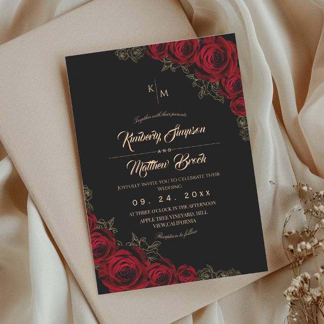 Burgundy Black and Gold Rose Floral Boho Wedding Inbjudningar (Skapare uppladdad)