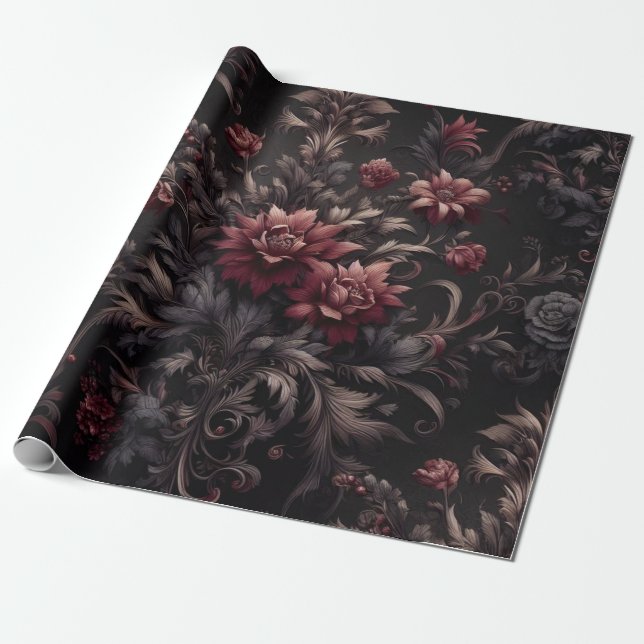 Burgundy Black Blommigt Gift Wrapping Papper Presentpapper (Utrullad)
