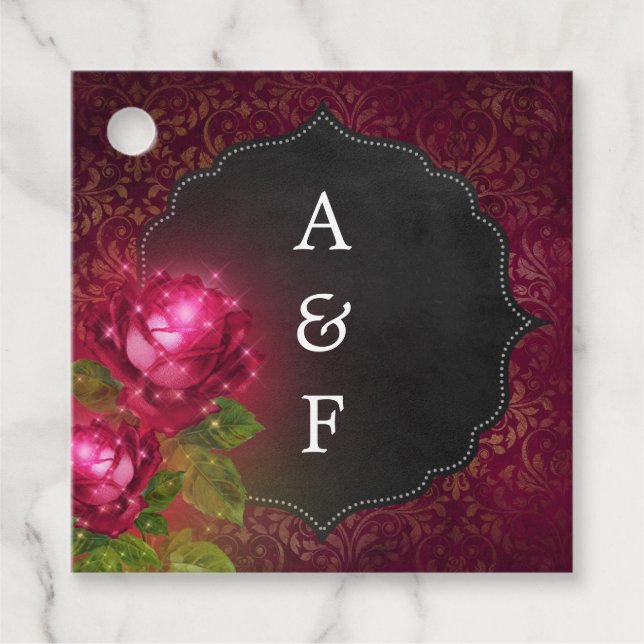 Burgundy & Black Chalkboard Damask Blommigt Bröllo Gåvor Etiketter (Framsida)