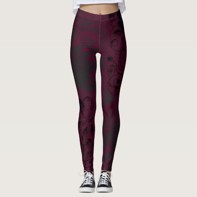 Burgundy & Black Dark Garden Gothglam Leggings (Framsida)