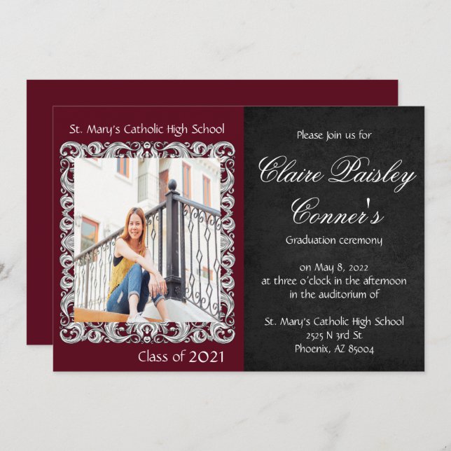 Burgundy & Black Photo Studenten Inbjudningar (Fram/baksida)