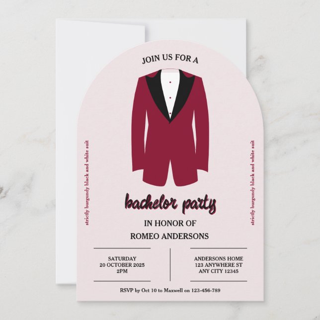 Burgundy Black Tuxedo Bachelor Party-inbjudan Inbjudningar (Framsida)