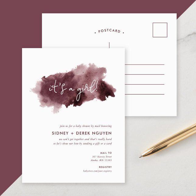 Burgundy bläck tvätt flicka baby shower via post i helg vykort (Skapare uppladdad)