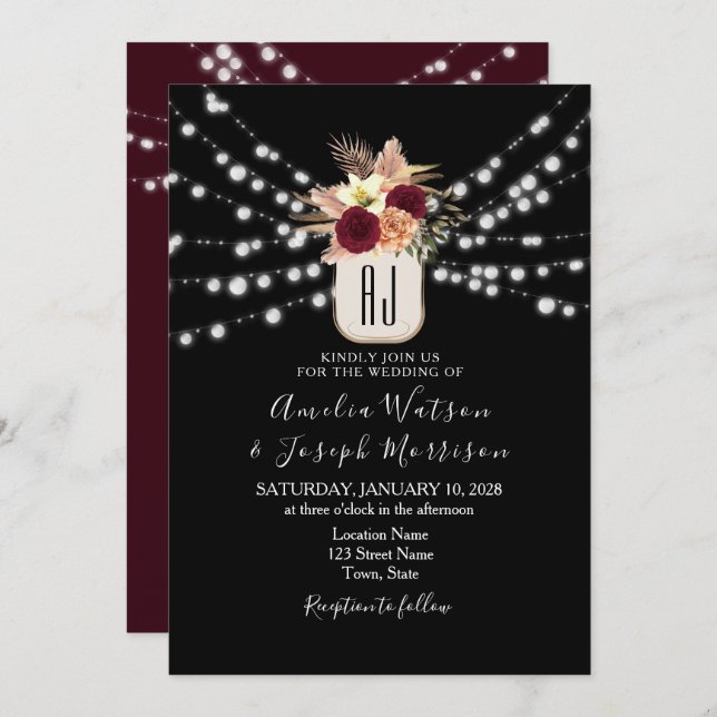 Burgundy Black Wedding-inbjudan Inbjudningar (Fram/baksida)